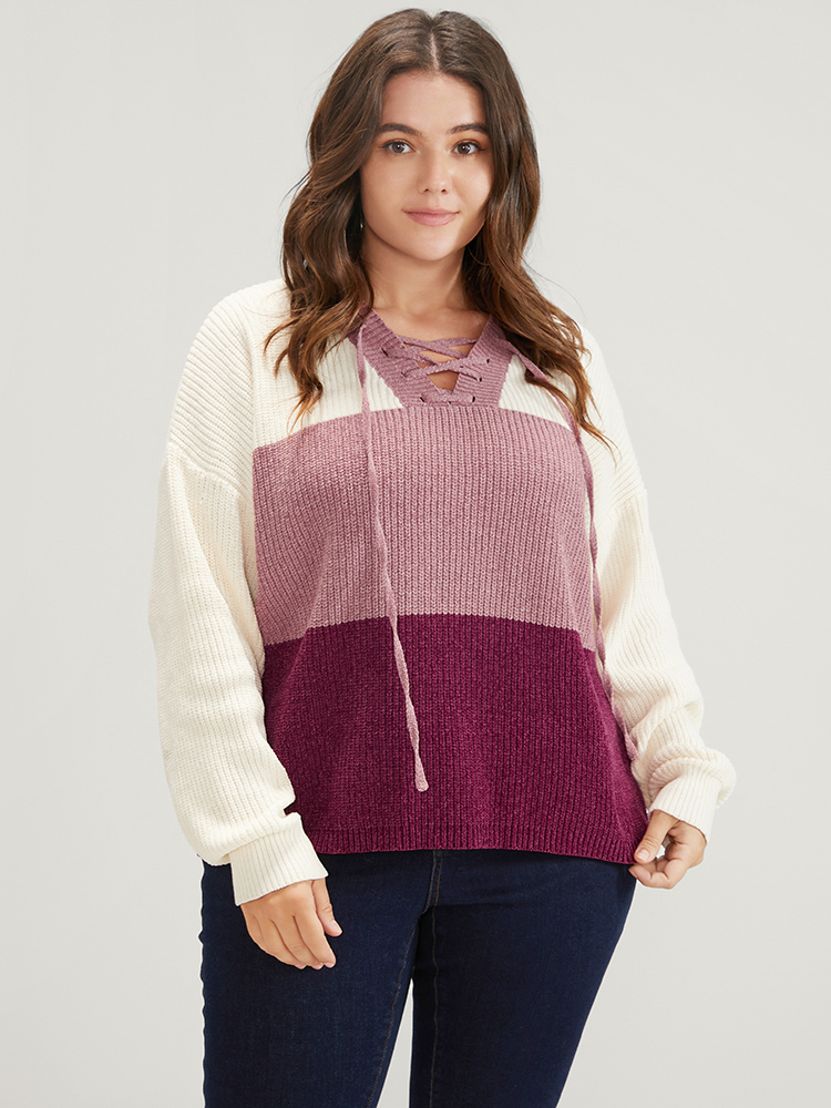 Colorblock Contrast Chenille Knit Lace Up V Neck Knit Top BloomChic 