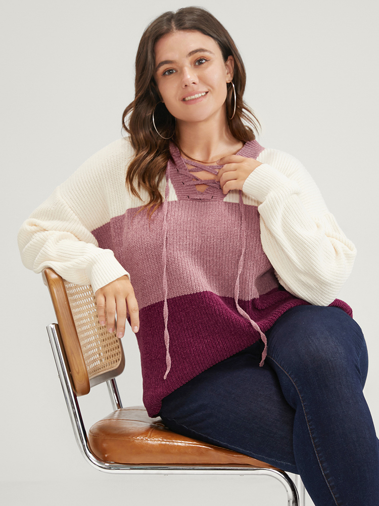 Colorblock Contrast Chenille Knit Lace Up V Neck Knit Top BloomChic 