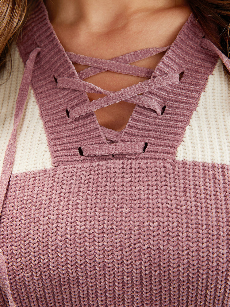 Colorblock Contrast Chenille Knit Lace Up V Neck Knit Top BloomChic 