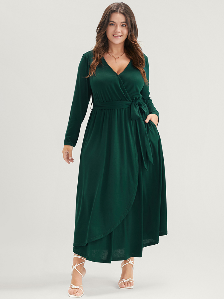 

Plus Size Solid Wrap Pocket Belted Asymmetrical Hem Dress DarkGreen Women Elegant Cross straps V-neck Long Sleeve Curvy Midi Dress BloomChic