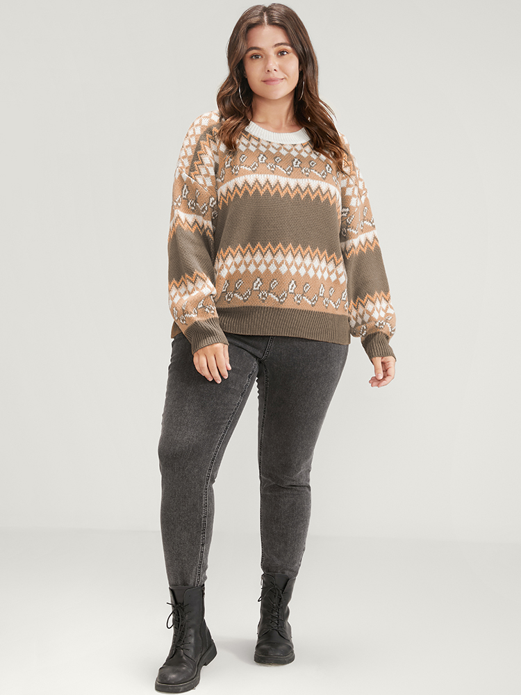 Bandana Pointelle Knit Contrast Geometric Jacquard Knit Top BloomChic 