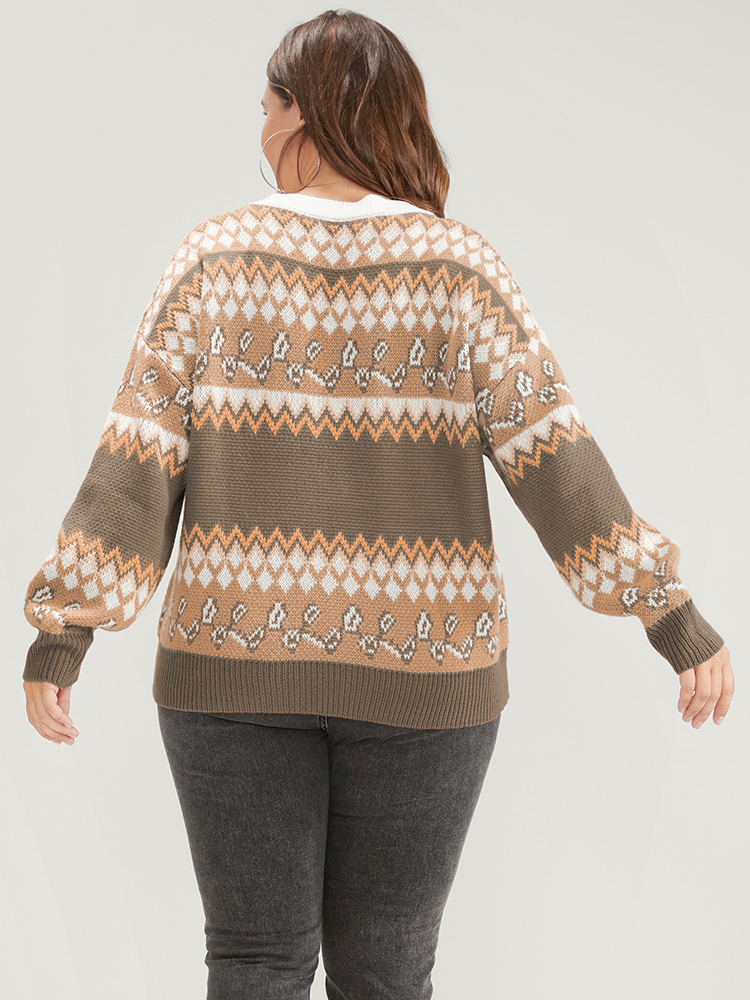Bandana Pointelle Knit Contrast Geometric Jacquard Knit Top BloomChic 