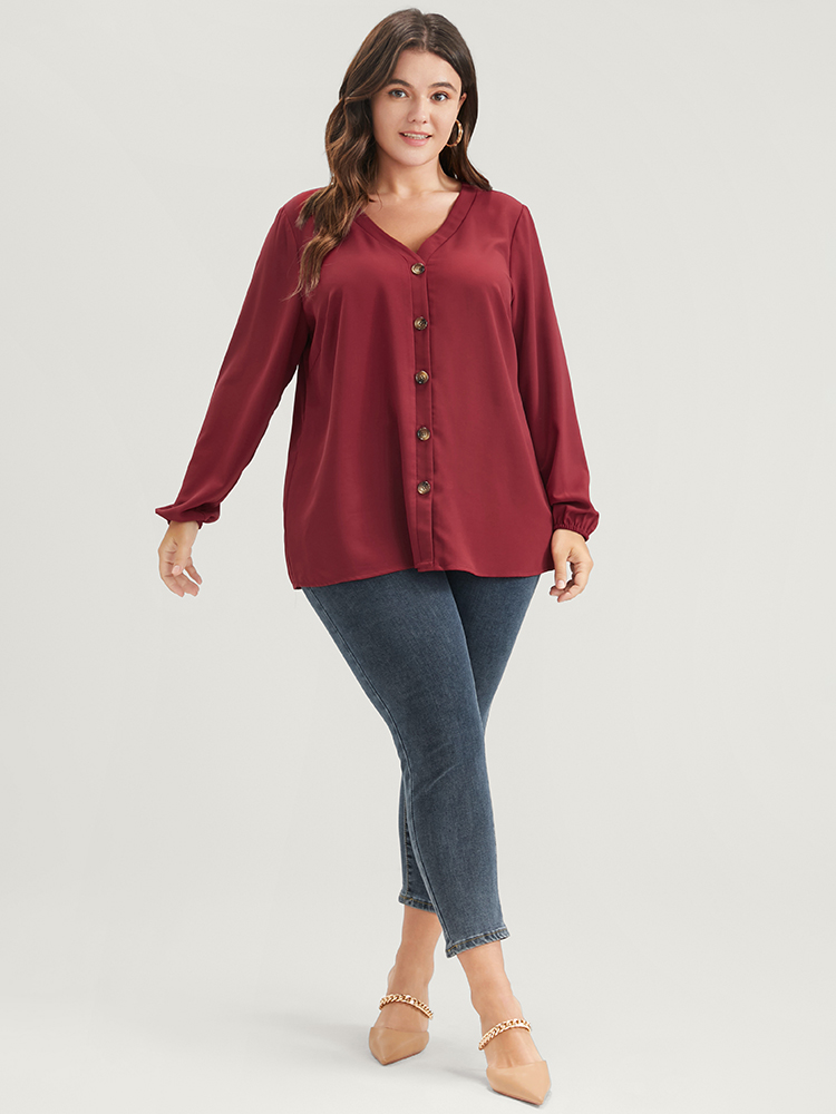 

Plus Size Solid V Neck Lantern Sleeve Button Up Blouse Scarlet Basics Shirts