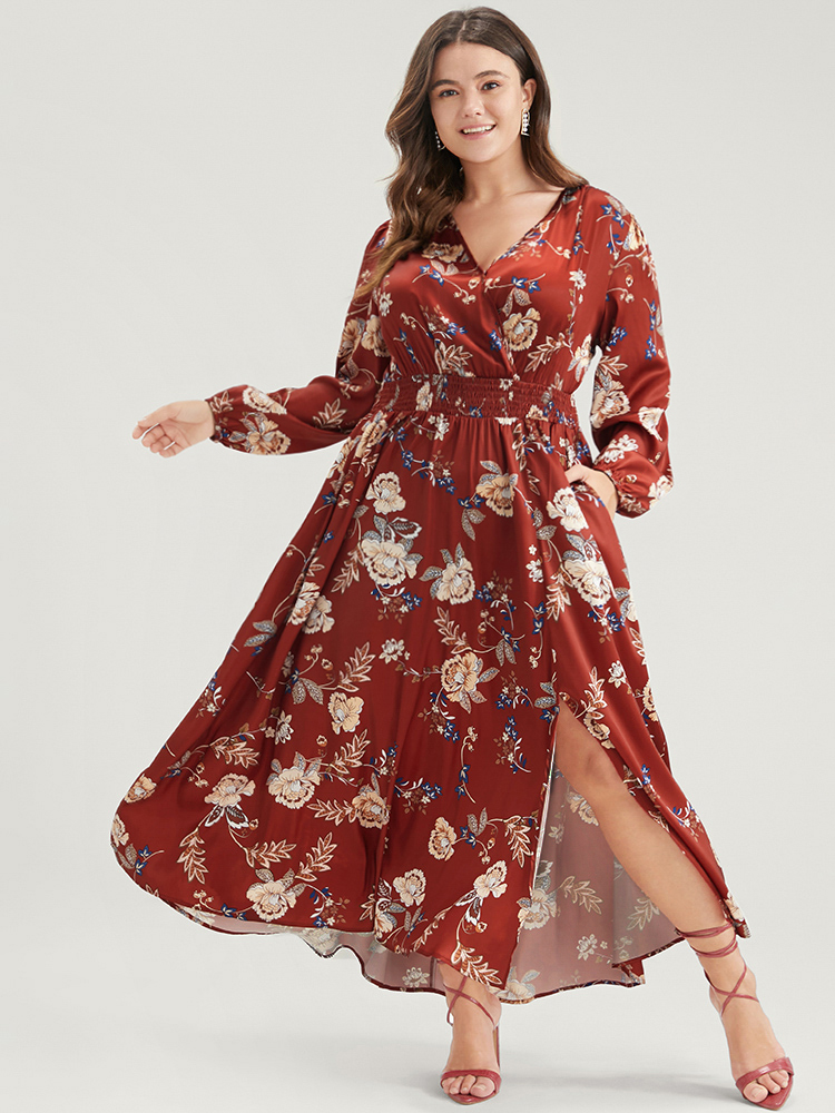 

Plus Size Floral Pocket Lantern Sleeve Split Ruffle Shirred Wrap Dress Red Women Elegant Pocket V-neck Long Sleeve Curvy Long Dress BloomChic