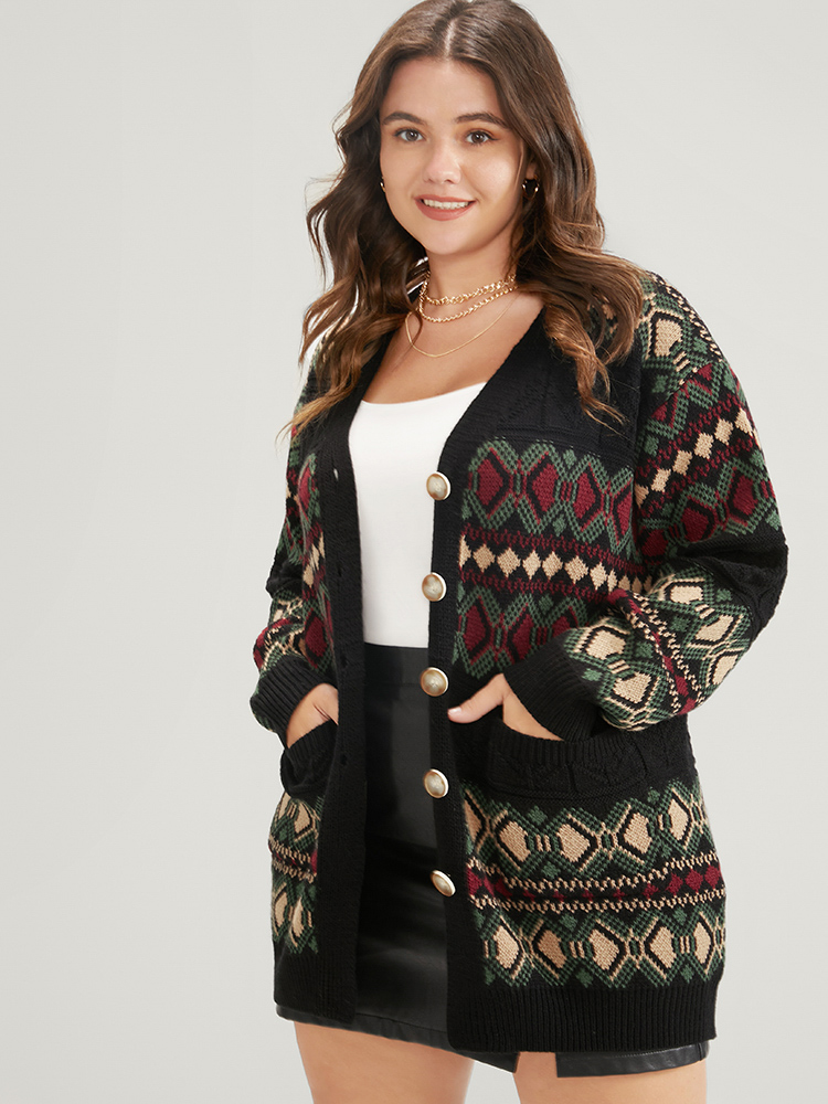 

Plus Size Geometric Contrast Pointelle Knit Pocket Jacquard Button Front Cardigan Multicolor Women Casual Loose Long Sleeve Dailywear Cardigans BloomChic