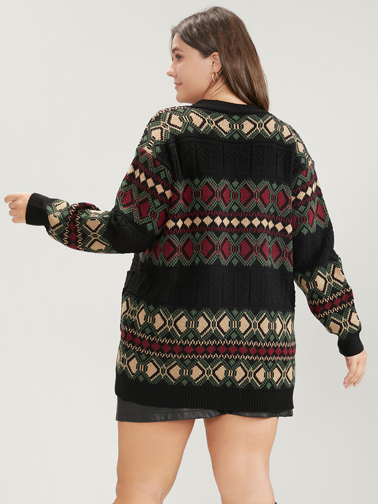 Geometric Contrast Pointelle Knit Pocket Jacquard Button Front Cardigan BloomChic 