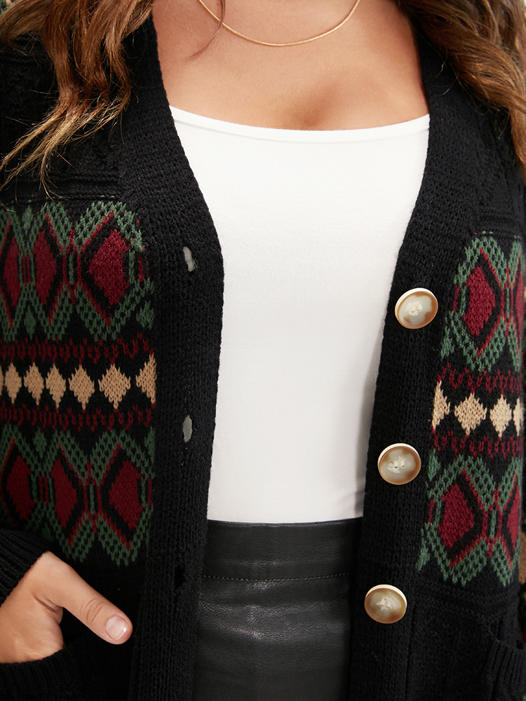 Geometric Contrast Pointelle Knit Pocket Jacquard Button Front Cardigan BloomChic 