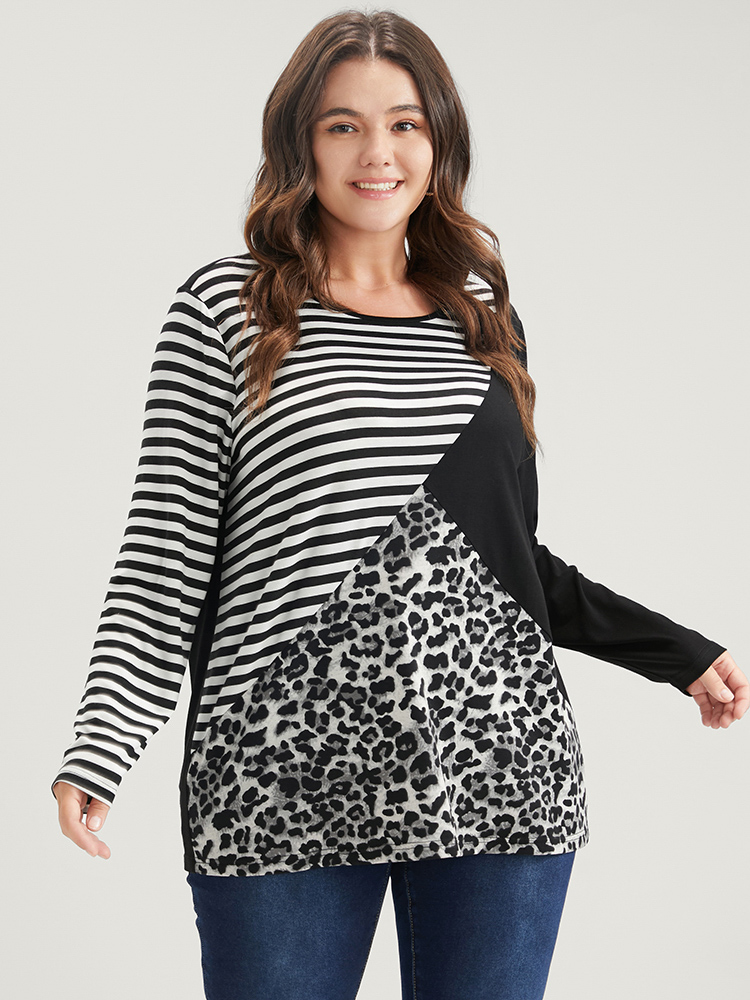 Plus Size Women Dailywear Leopard Patchwork Regular Sleeve Long Sleeve Round Neck Casual T-shirts BloomChic 