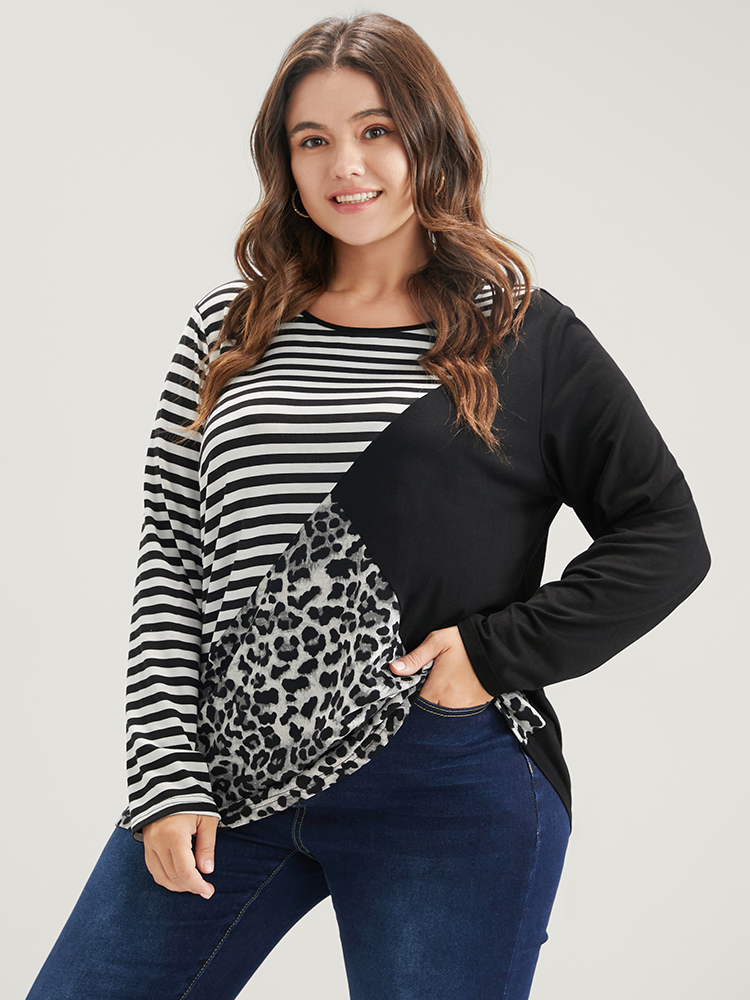 Plus Size Women Dailywear Leopard Patchwork Regular Sleeve Long Sleeve Round Neck Casual T-shirts BloomChic 