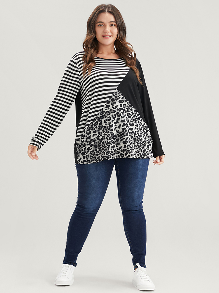 

Plus Size Leopard Striped Contrast Round Neck Long Tee Black Women Casual Patchwork Leopard Round Neck Dailywear T-shirts BloomChic