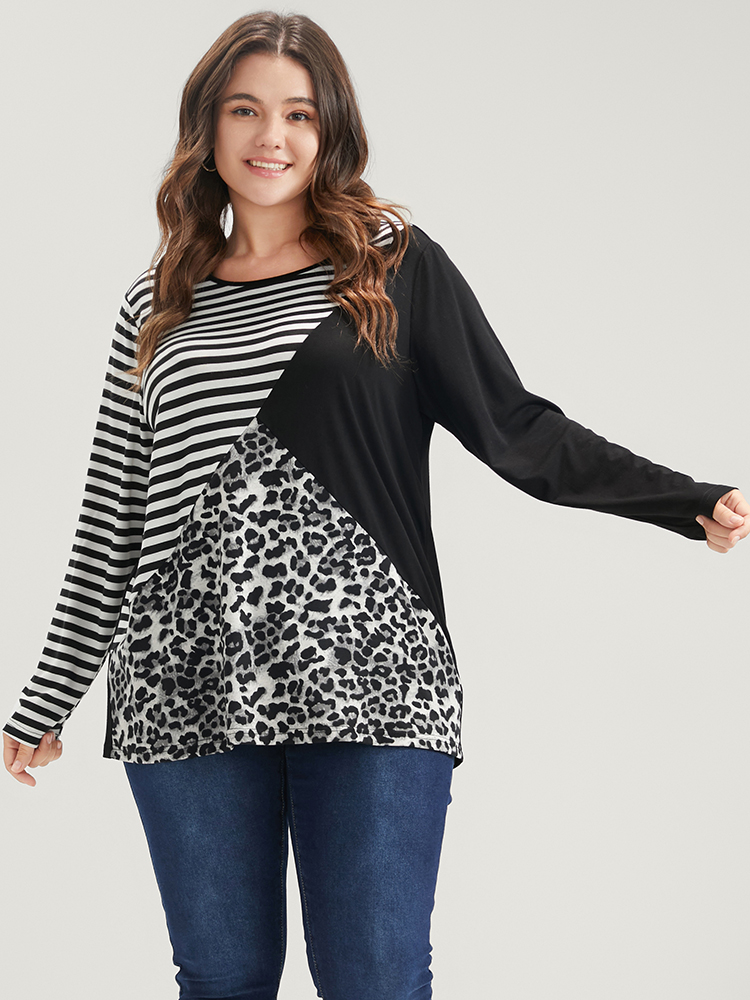Plus Size Women Dailywear Leopard Patchwork Regular Sleeve Long Sleeve Round Neck Casual T-shirts BloomChic 