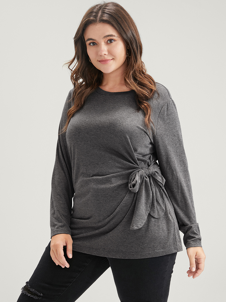 

Plus Size Solid Twist Front Knotted Round Neck Long Tee DimGray Lounge Jersey Tops