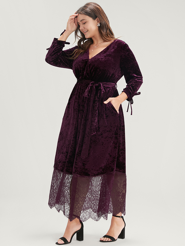 

Plus Size Solid Pocket Contrast Lace Scalloped Trim Belted Velvet Dress Eggplant Women Glamour Belted V-neck Elbow-length sleeve Curvy Long Dress BloomChic