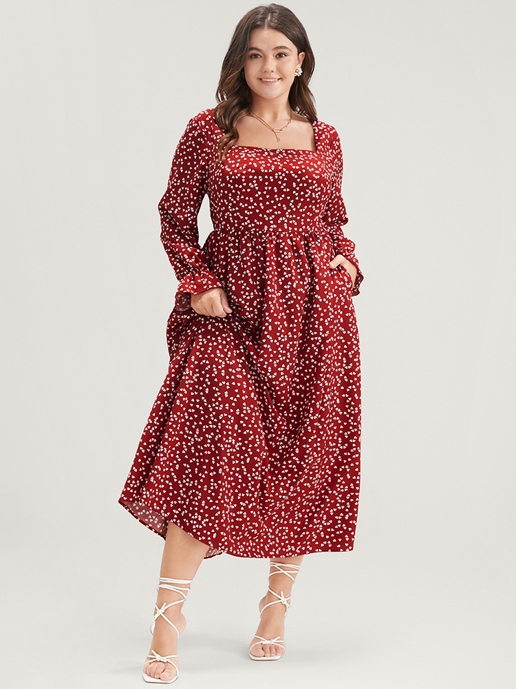 

Plus Size Heart Print Lantern Sleeve Pocket Square Neck Dress Scarlet Women Elegant Pocket Square Neck Long Sleeve Curvy Midi Dress BloomChic