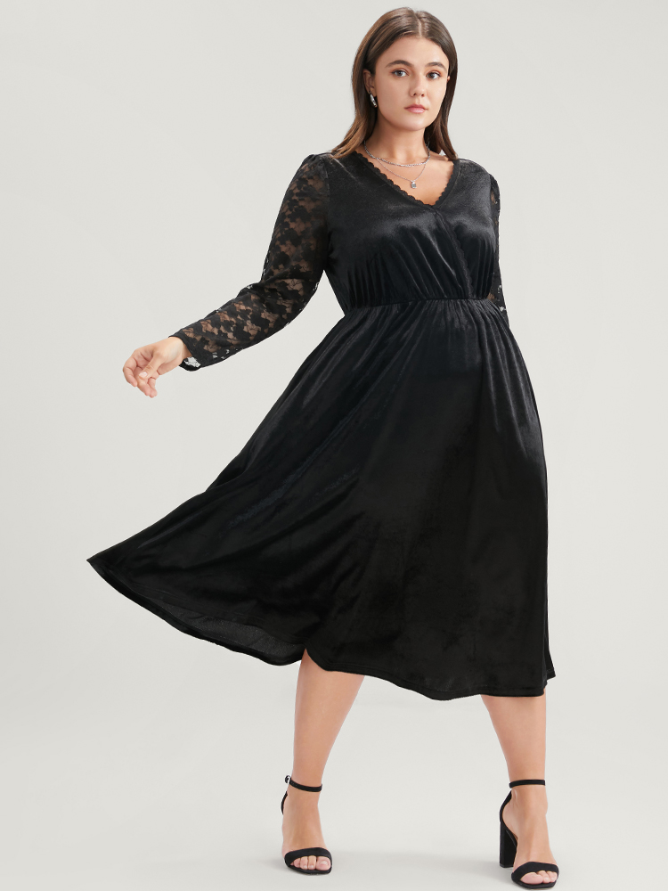 

Plus Size Solid Wrap Contrast Lace Velvet Midi Dress Black Women Party Patchwork V-neck Long Sleeve Curvy Midi Dress BloomChic