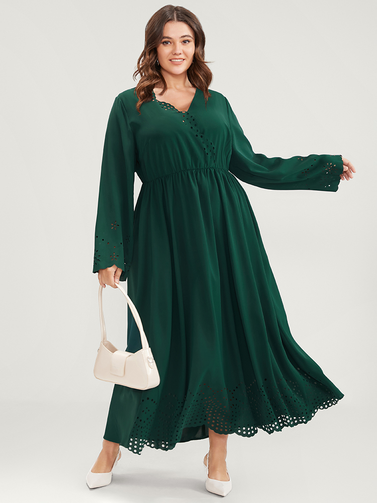 

Plus Size Solid Bell Sleeve Wrap Laser Cut Flutter Hem Maxi Dress Green Women Elegant Cut-Out V-neck Long Sleeve Curvy Long Dress BloomChic