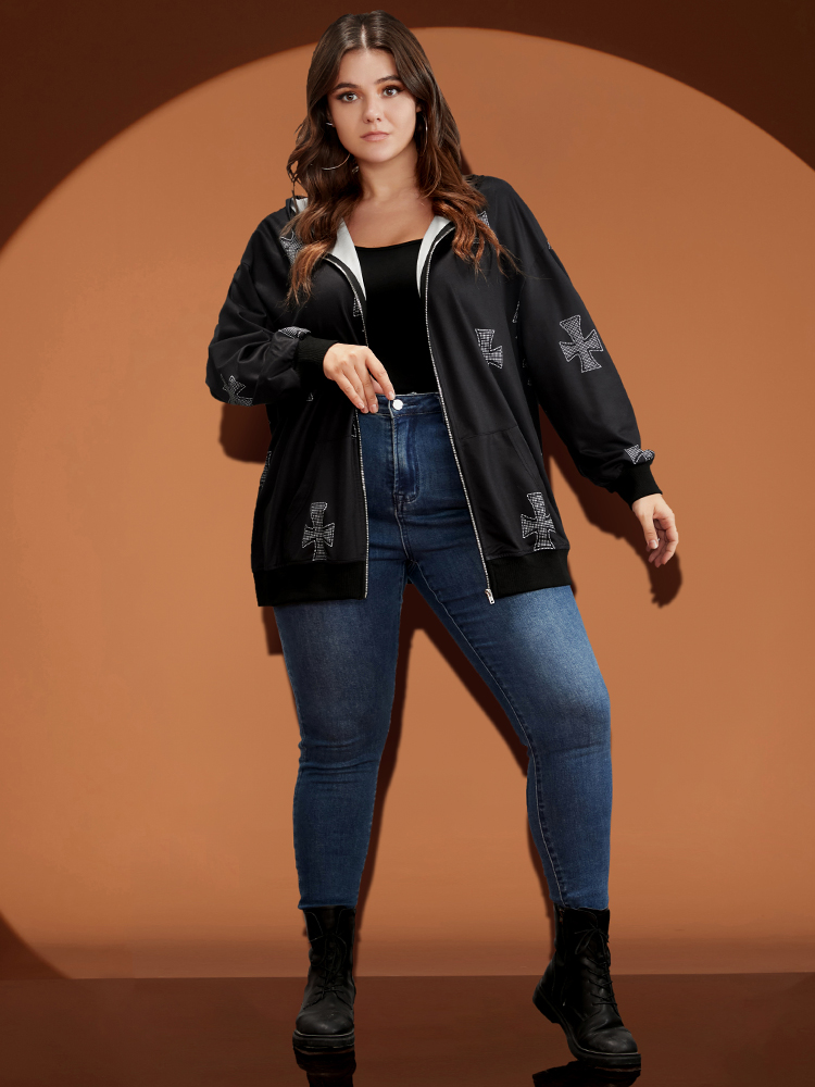 

Plus Size Halloween Pocket Zipper Hooded Sweatshirt Women Black Casual Zipper Hooded Dailywear Sweatshirts BloomChic