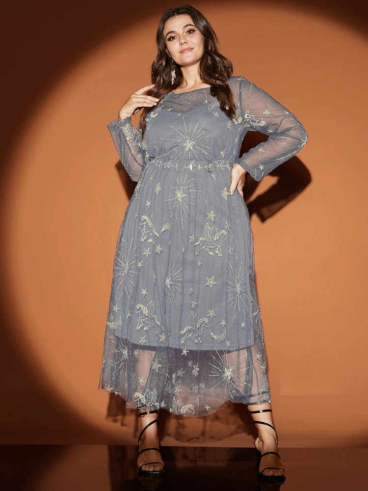 

Moon and Star Embroidered Plus Size Women Midi Dress Going out Gathered Long Sleeve Round Neck Party Dresses BloomChic, Slategray