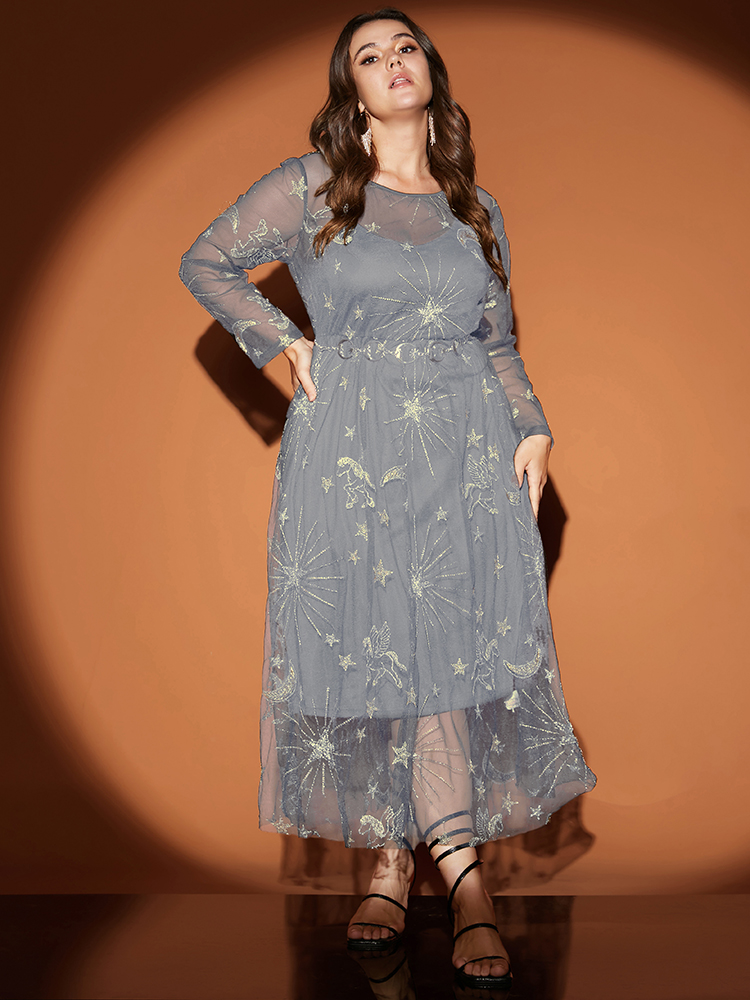 Plus Size Women Going out Moon and Star Gathered Regular Sleeve Long Sleeve Round Neck Party Dresses BloomChic 
