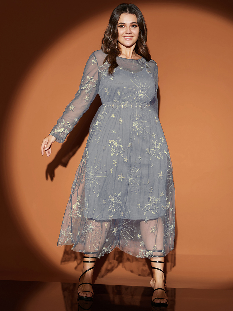 Plus Size Women Going out Moon and Star Gathered Regular Sleeve Long Sleeve Round Neck Party Dresses BloomChic 