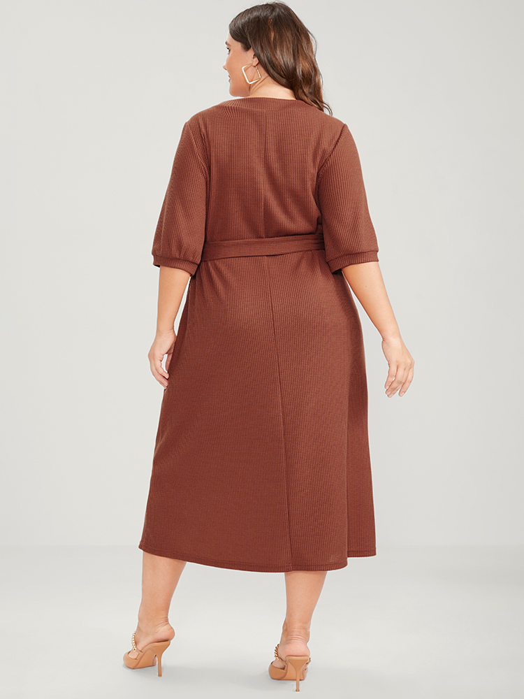 

Plus Size Solid Button Detail Pocket Belted Waffle Knit Dress Chocolate Women Office Belted V-neck Half Sleeve Curvy Midi Dress BloomChic