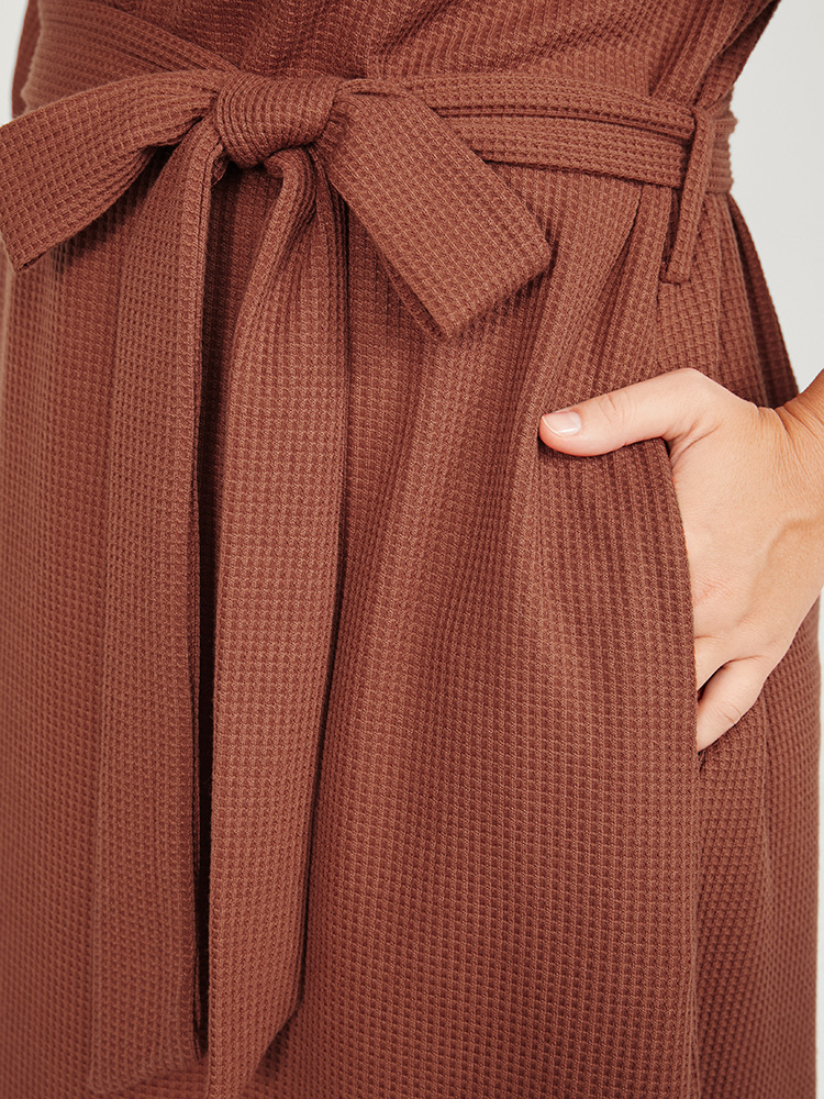 Plus Size Women Work Plain Belted Lantern Sleeve Half Sleeve V-neck Pocket Belt Office Dresses BloomChic 
