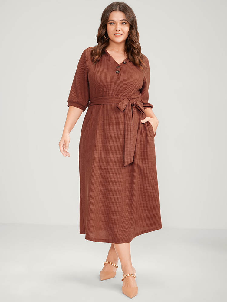 Plus Size Women Work Plain Belted Lantern Sleeve Half Sleeve V-neck Pocket Belt Office Dresses BloomChic 