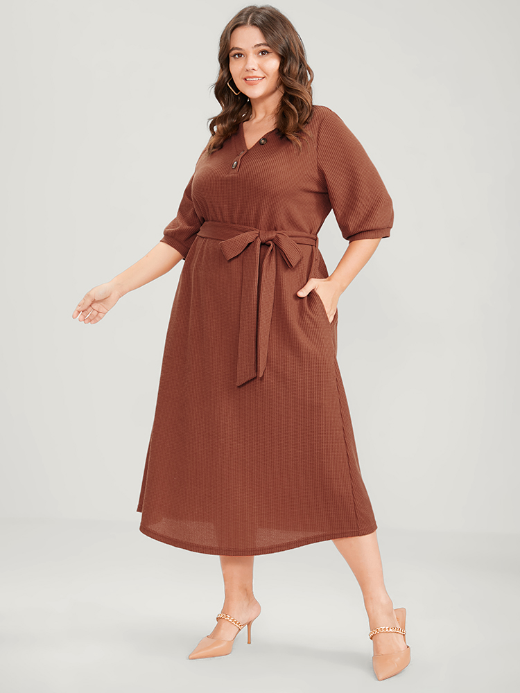 Plus Size Women Work Plain Belted Lantern Sleeve Half Sleeve V-neck Pocket Belt Office Dresses BloomChic 