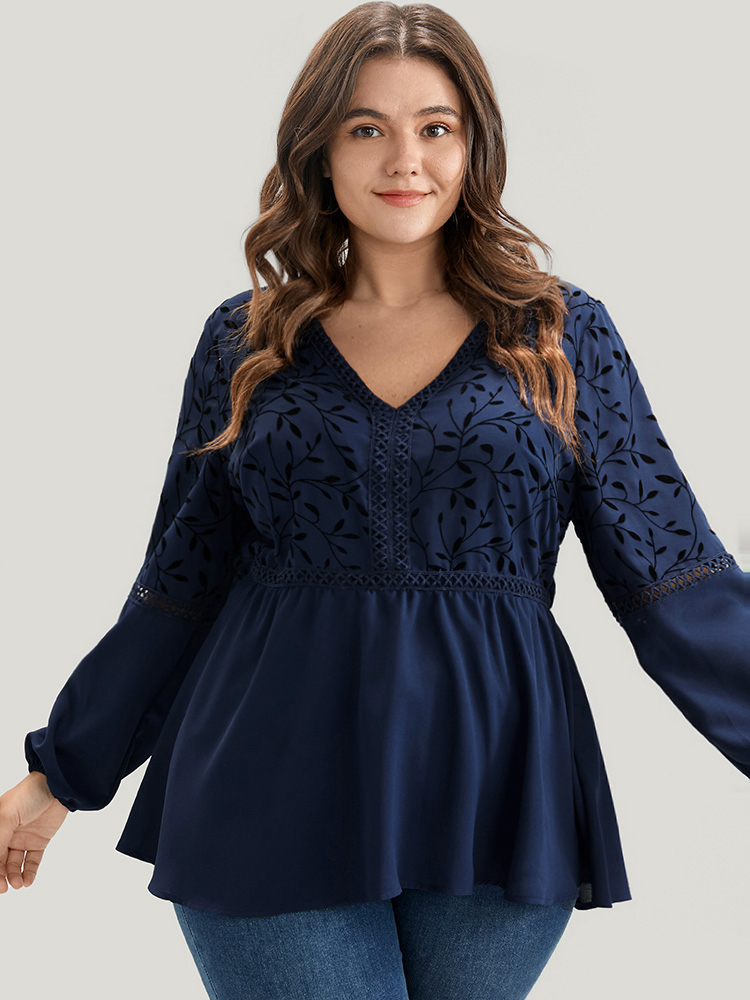 

Plus Size DarkBlue Plants Lantern Sleeve Lace Insert Blouse Women Glamour Long Sleeve V-neck Going out Blouses BloomChic