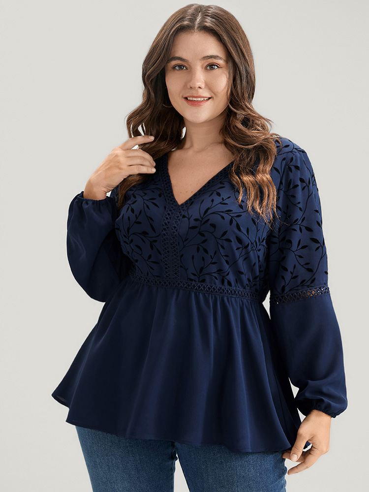 Plus Size DarkBlue Plants Lantern Sleeve Lace Insert Blouse Women Glamour Long Sleeve V-neck Going out Blouses BloomChic 18-20/2X 