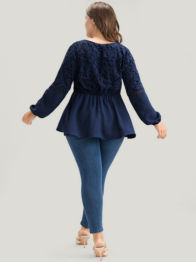Plus Size DarkBlue Plants Lantern Sleeve Lace Insert Blouse Women Glamour Long Sleeve V-neck Going out Blouses BloomChic 18-20/2X 