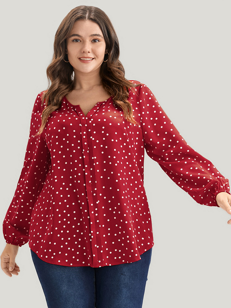 

Plus Size Red Polka Dot Lantern Sleeve Notched Blouse Women Elegant Long Sleeve V-neck Dailywear Blouses BloomChic