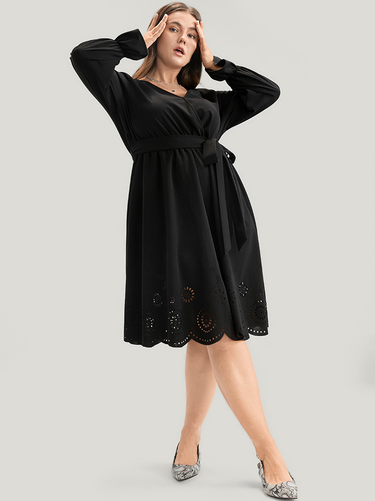 

Plus Size Solid Wrap Pocket Belted Laser Cut Knee Dress Black Women Elegant Plain V-neck Long Sleeve Curvy Knee Dress BloomChic