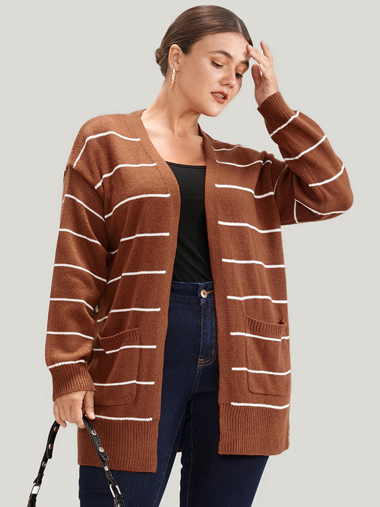 

Plus Size Striped Pointelle Knit Button Side Pocket Open Front Cardigan Rust Women Casual Loose Long Sleeve Work Cardigans BloomChic