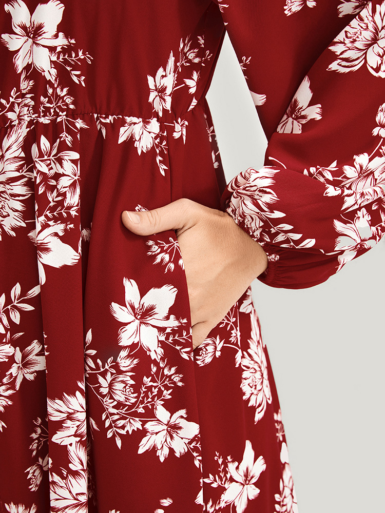 

Plus Size Floral Square Neck Lantern Sleeve Pocket Button Detail Dress Rust Women Dating Printed Square Neck Long Sleeve Curvy Midi Dress BloomChic