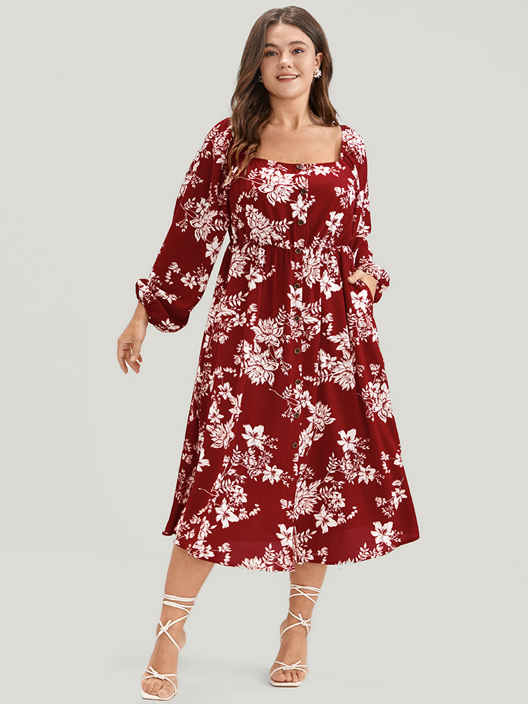 Plus Size Floral Square Neck Lantern Sleeve Pocket Button Detail Dress Rust Women Dating Printed Square Neck Long Sleeve Curvy Midi Dress BloomChic 28/5X 