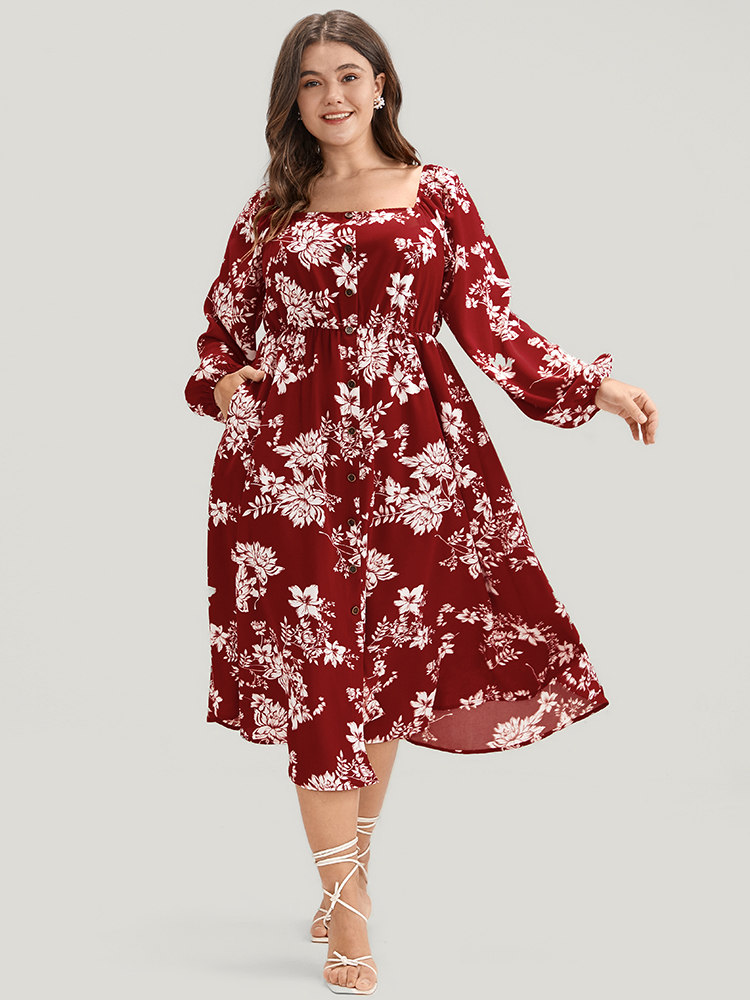 Plus Size Floral Square Neck Lantern Sleeve Pocket Button Detail Dress Rust Women Dating Printed Square Neck Long Sleeve Curvy Midi Dress BloomChic 28/5X 
