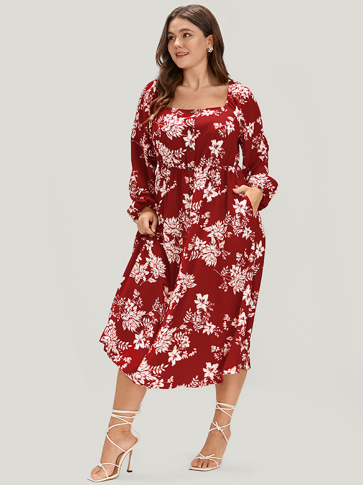 Plus Size Floral Square Neck Lantern Sleeve Pocket Button Detail Dress Rust Women Dating Printed Square Neck Long Sleeve Curvy Midi Dress BloomChic 28/5X 
