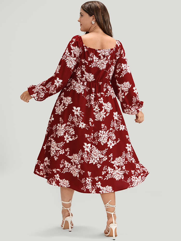 Plus Size Floral Square Neck Lantern Sleeve Pocket Button Detail Dress Rust Women Dating Printed Square Neck Long Sleeve Curvy Midi Dress BloomChic 28/5X 