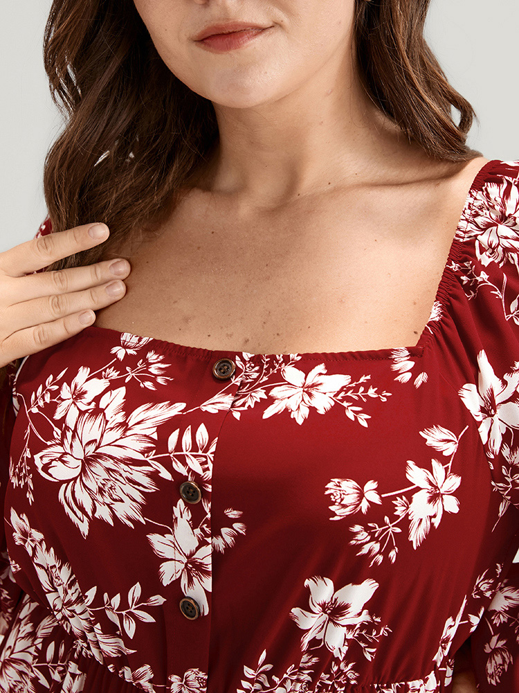 Plus Size Floral Square Neck Lantern Sleeve Pocket Button Detail Dress Rust Women Dating Printed Square Neck Long Sleeve Curvy Midi Dress BloomChic 28/5X 