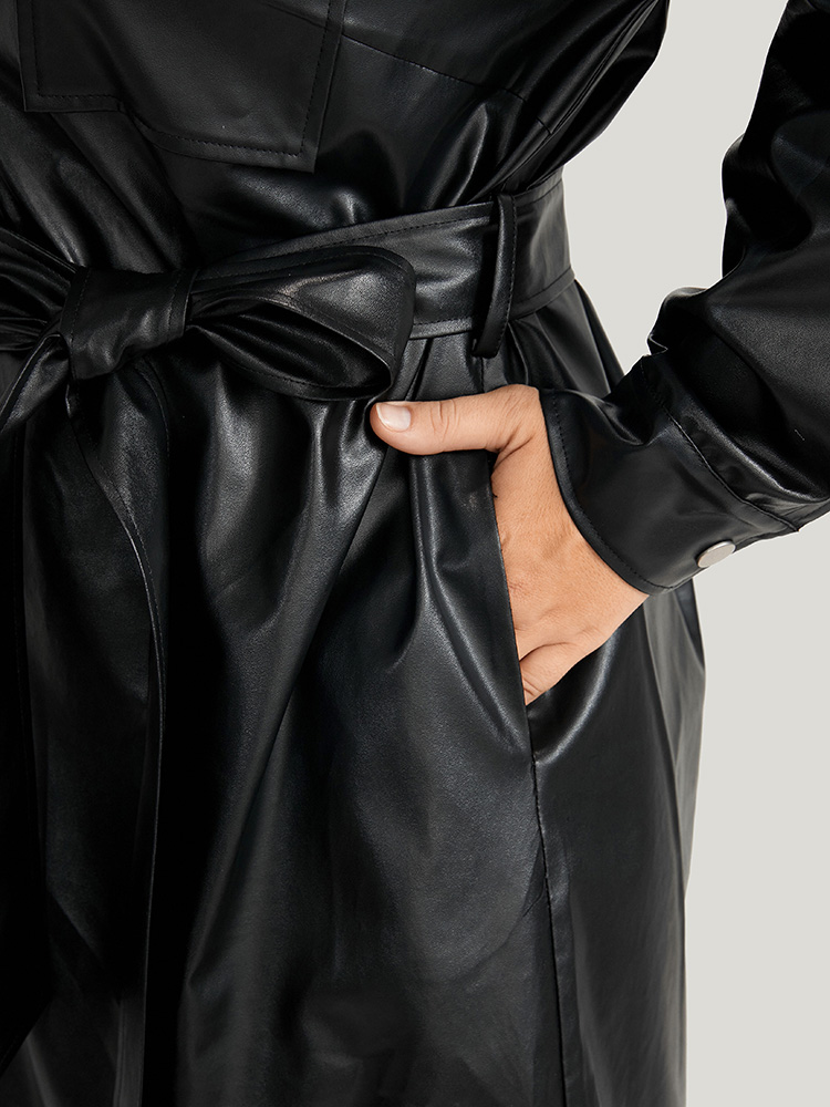 

Plus Size PU Leather Pocket Belted Button Up Dress Black Women Party Belted Shirt collar Long Sleeve Curvy Knee Dress BloomChic