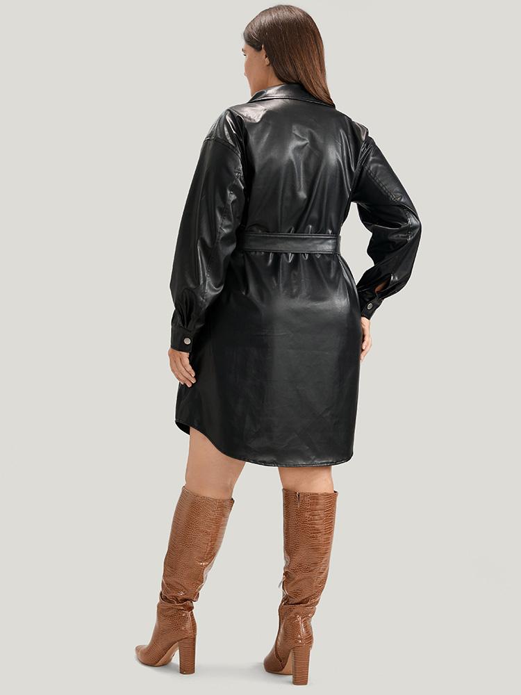 Plus Size Women Going out Plain Belted Regular Sleeve Long Sleeve Shirt collar Pocket Belt Party Dresses BloomChic 