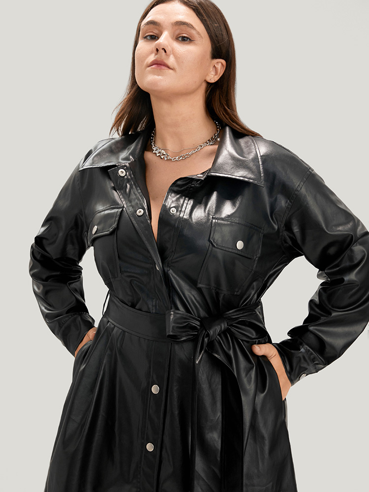 Plus Size Women Going out Plain Belted Regular Sleeve Long Sleeve Shirt collar Pocket Belt Party Dresses BloomChic 