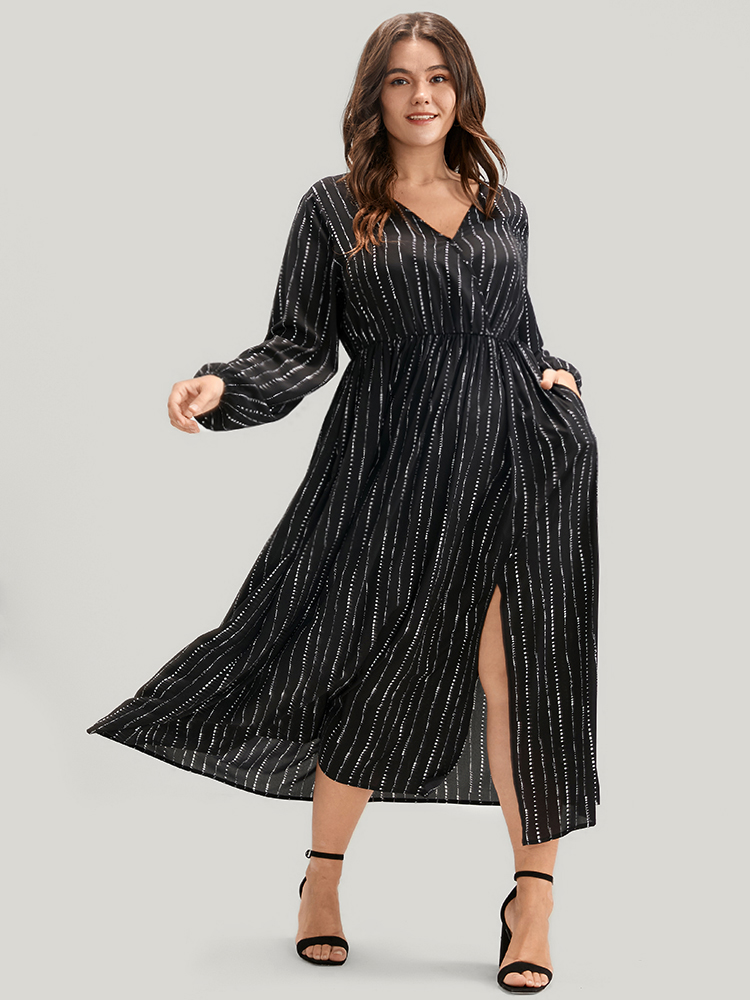 Plus Size Women Dailywear Striped Pocket Lantern Sleeve Long Sleeve V-neck Pocket Elegant Dresses BloomChic 