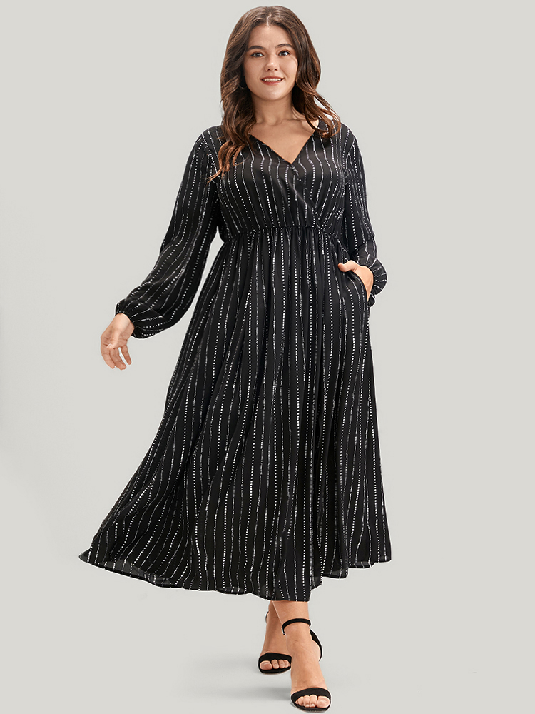 Plus Size Women Dailywear Striped Pocket Lantern Sleeve Long Sleeve V-neck Pocket Elegant Dresses BloomChic 