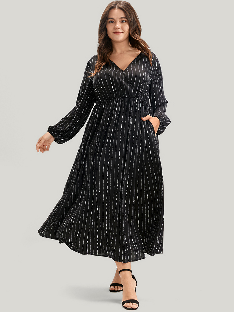 Plus Size Women Dailywear Striped Pocket Lantern Sleeve Long Sleeve V-neck Pocket Elegant Dresses BloomChic 