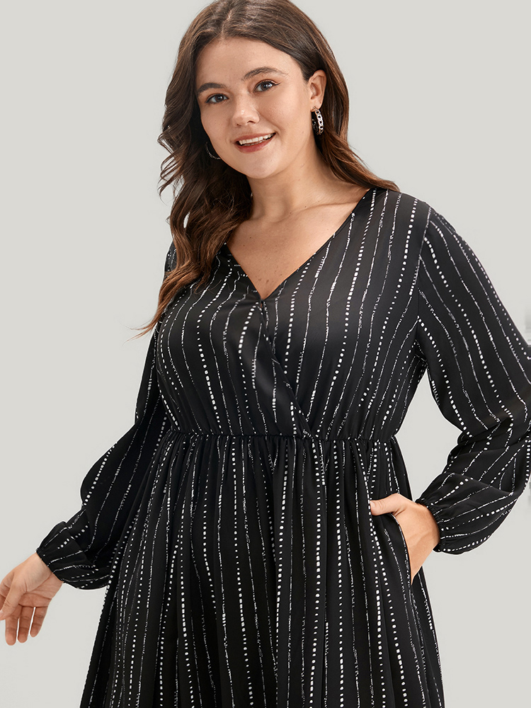 Plus Size Women Dailywear Striped Pocket Lantern Sleeve Long Sleeve V-neck Pocket Elegant Dresses BloomChic 
