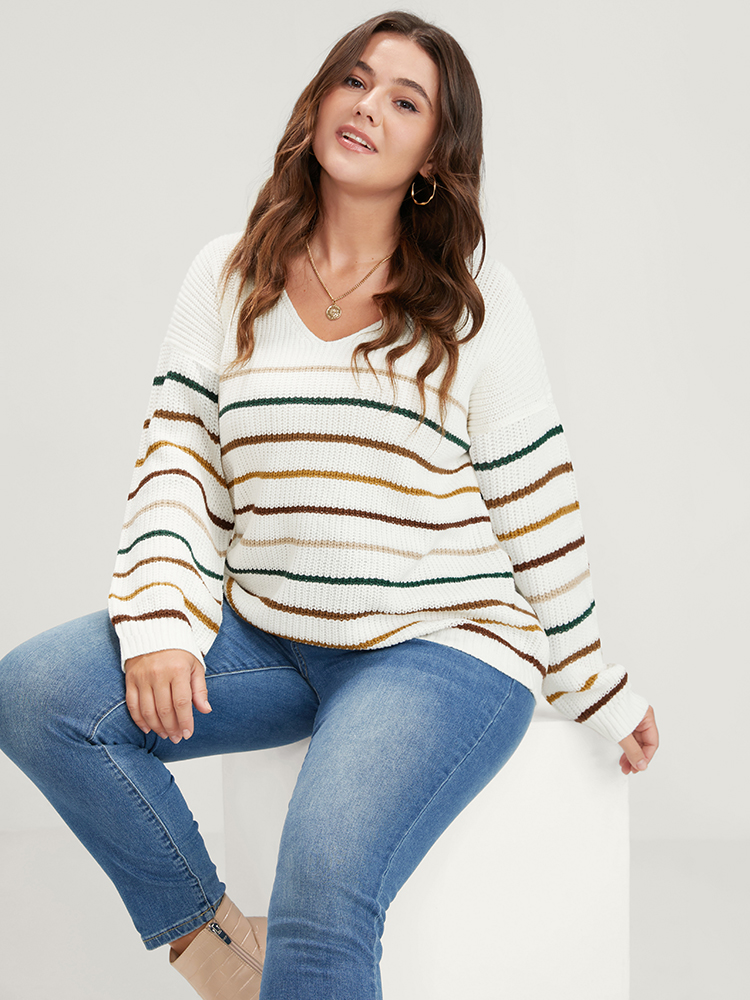 

Plus Size Striped Contrast Pointelle Knit V Neck Knit Top White Women Elegant Loose Long Sleeve V-neck Dailywear Pullovers BloomChic