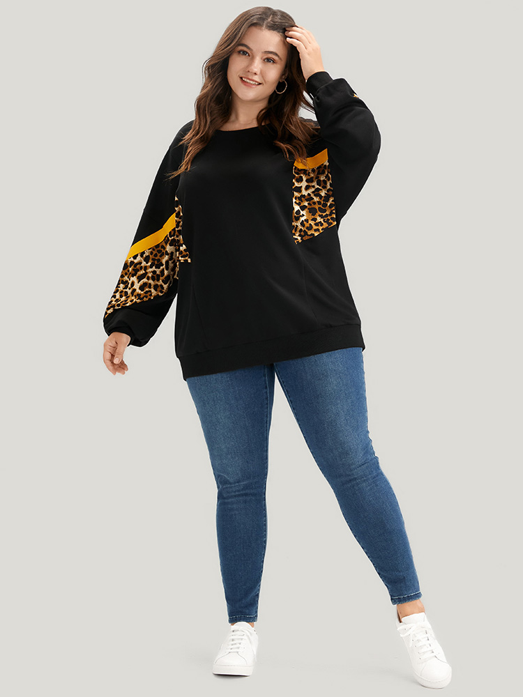 

Plus Size Leopard Patchwork Contrast Lantern Sleeve Sweatshirt Women Black Casual Contrast Round Neck Dailywear Sweatshirts BloomChic