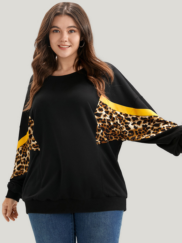 Plus Size Women Dailywear Leopard Contrast Regular Lantern Sleeve Long Sleeve Round Neck Casual Sweatshirts BloomChic 